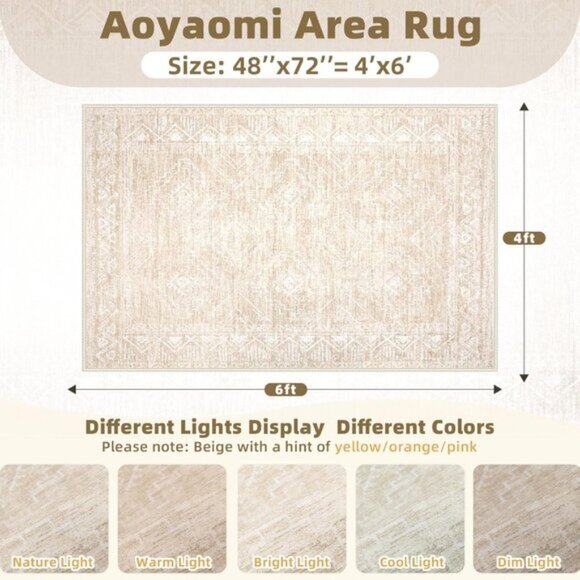 New 4x6 Beige Moroccan Area Rug, Washable Non-Slip Carpet for Entry & Room Decor - Picture 3 of 9